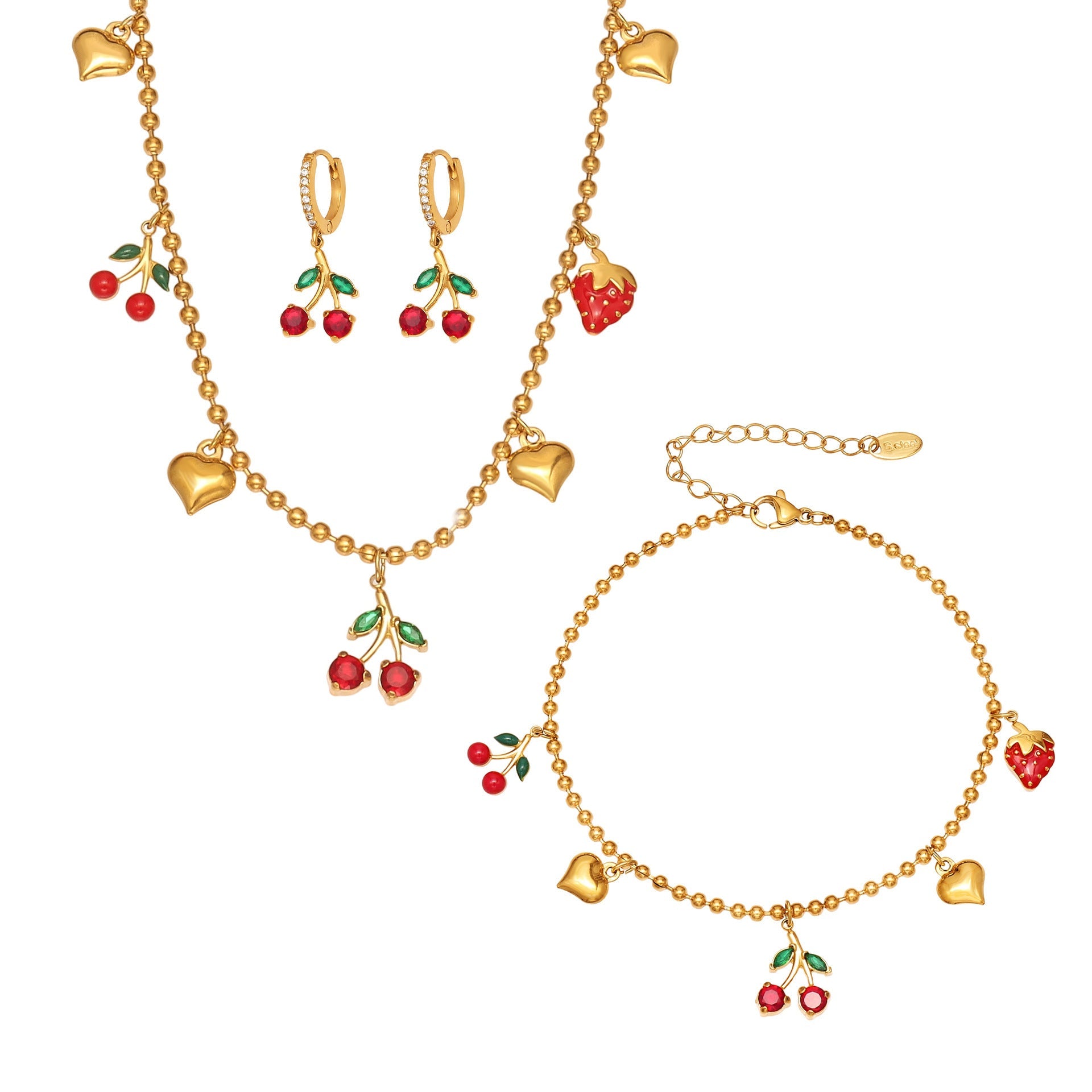 Zircon Cherry & Heart Charm Jewelry Set