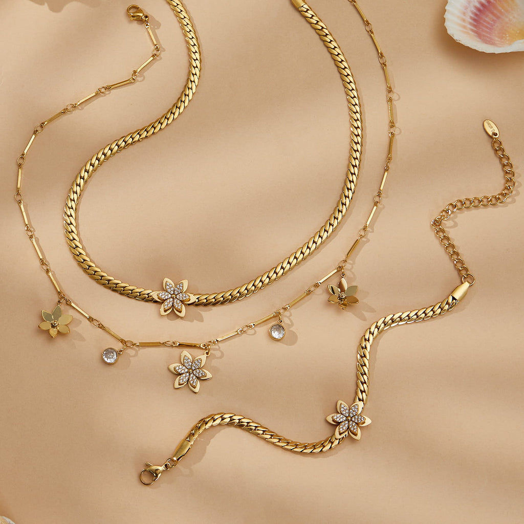 Zircon Flower Necklace & Bracelet Set