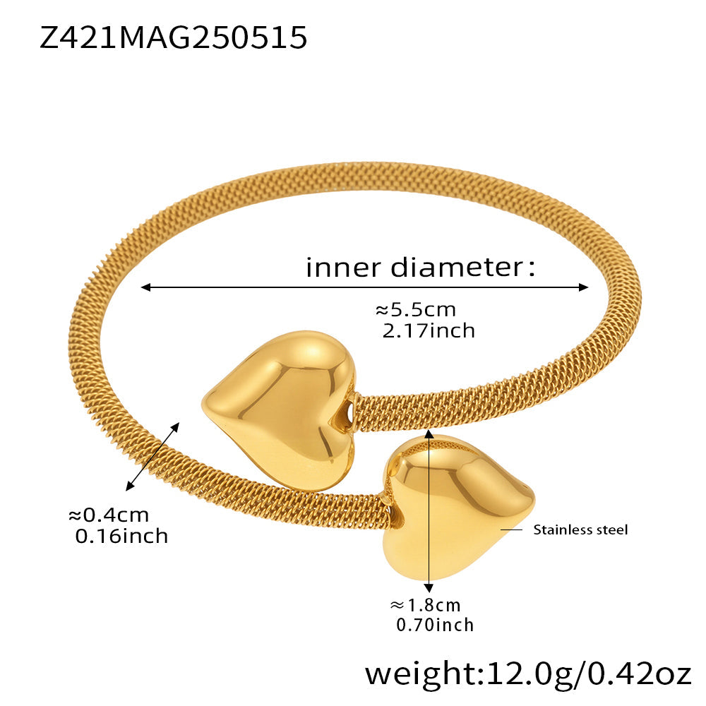 3D Heart 18K Real Gold Plated Elastic Open Stainless Steel Cuff Bracelet