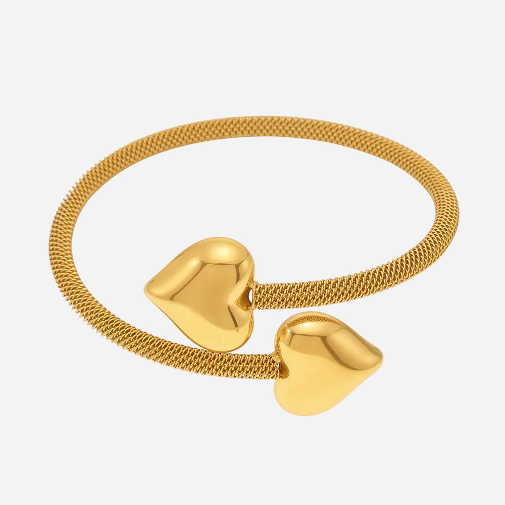 3D Heart 18K Real Gold Plated Elastic Open Stainless Steel Cuff Bracelet