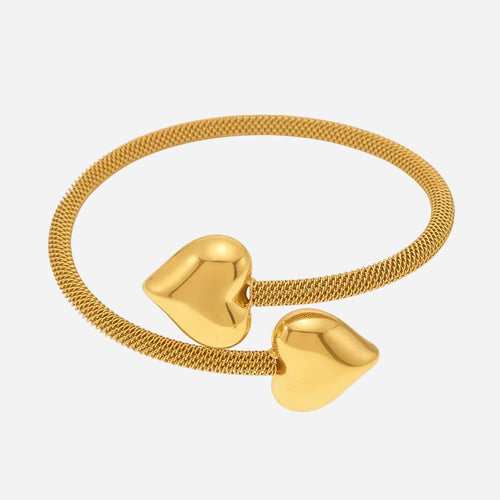 3D Heart 18K Real Gold Plated Elastic Open Stainless Steel Cuff Bracelet