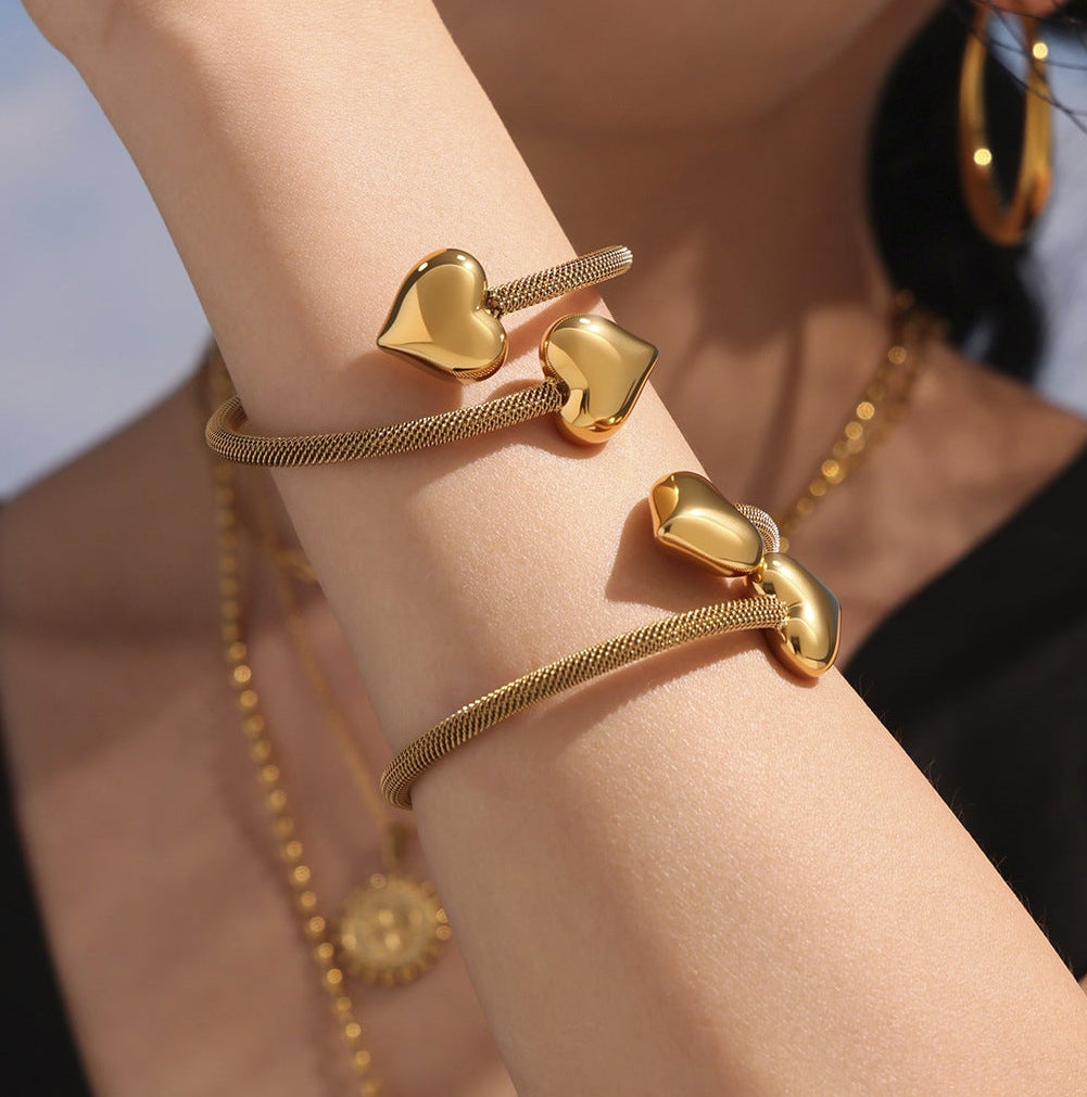 3D Heart 18K Real Gold Plated Elastic Open Stainless Steel Cuff Bracelet