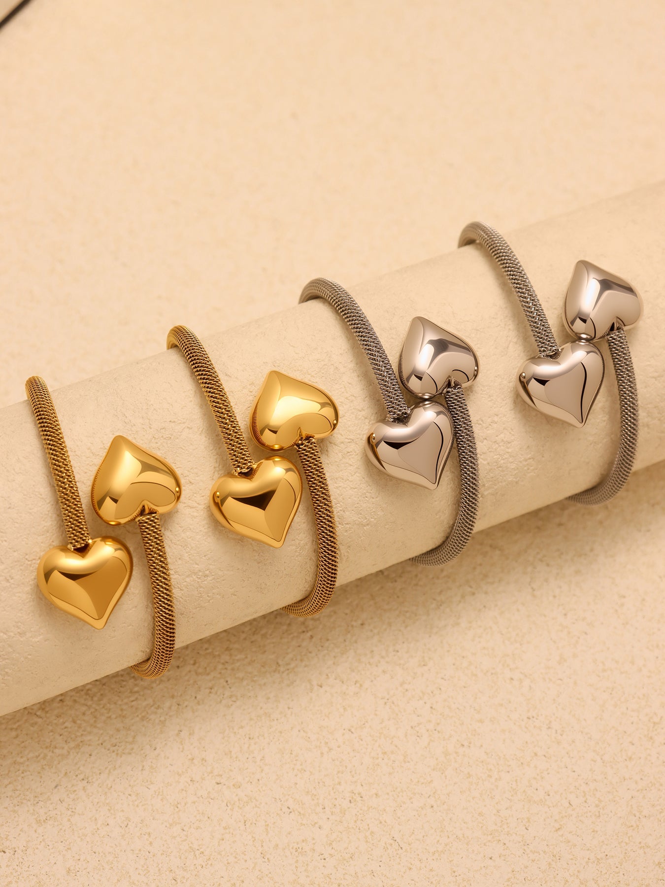 3D Heart 18K Real Gold Plated Elastic Open Stainless Steel Cuff Bracelet
