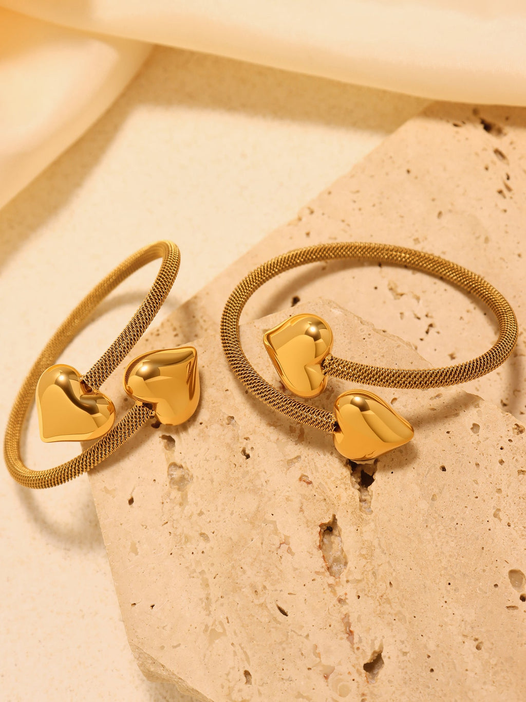 3D Heart 18K Real Gold Plated Elastic Open Stainless Steel Cuff Bracelet