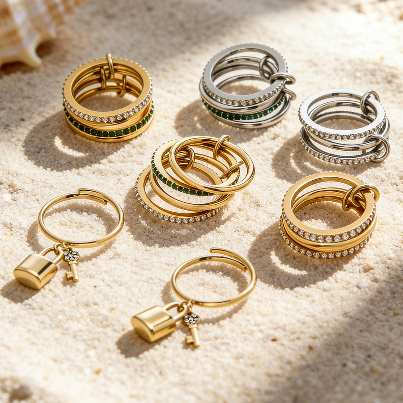 316L Stainless Steel Lock & Key Pave Stacked Ring with 18K Gold PVD