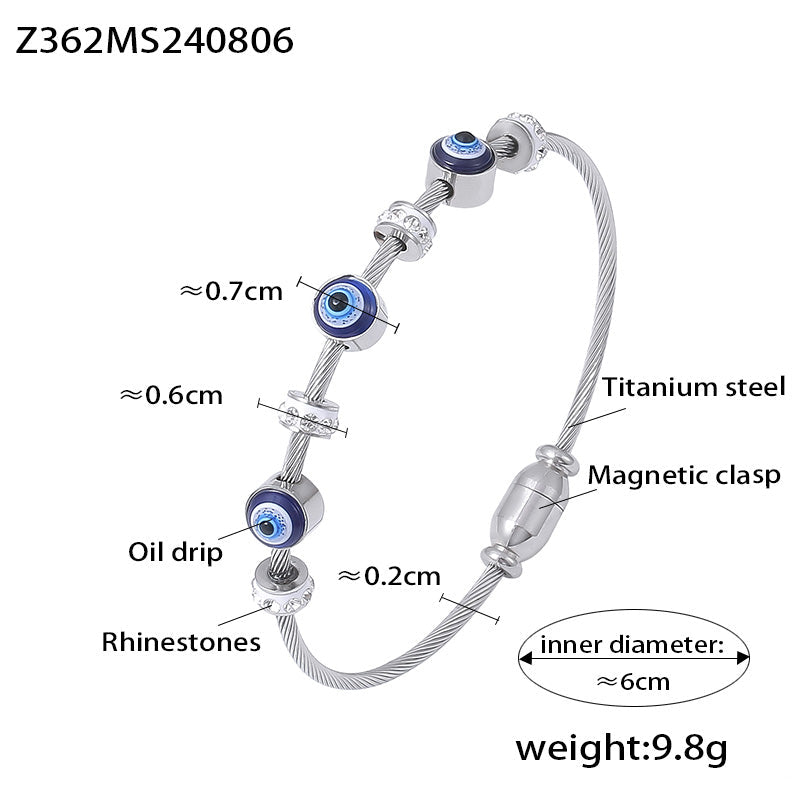 18K Real Gold Plated Titanium Steel Evil Eye Enamel Retro Luxury Diamond Accent Magnetic Bracelet